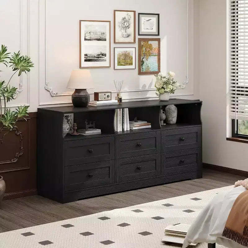 6-Drawer Slim Dresser, with Open Shelf for Bedroom Nursery & Closet, Black