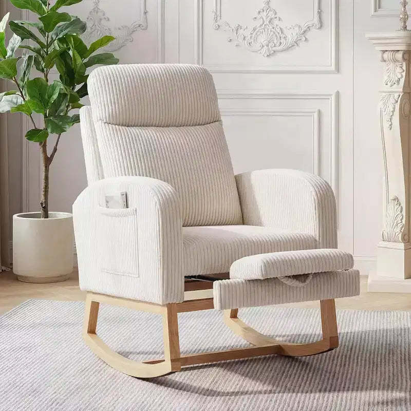 Modern Nursery Rocking Chair, Corduroy Upholstered Glider with Adjustable Footrest & Side Pocket for Living Room Bedroom Nursing Room, Beige