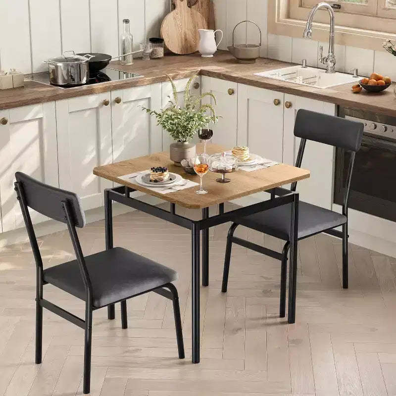 3-Piece Kitchen Table Set, for Two with PU Upholstered Chairs, Black & Brown