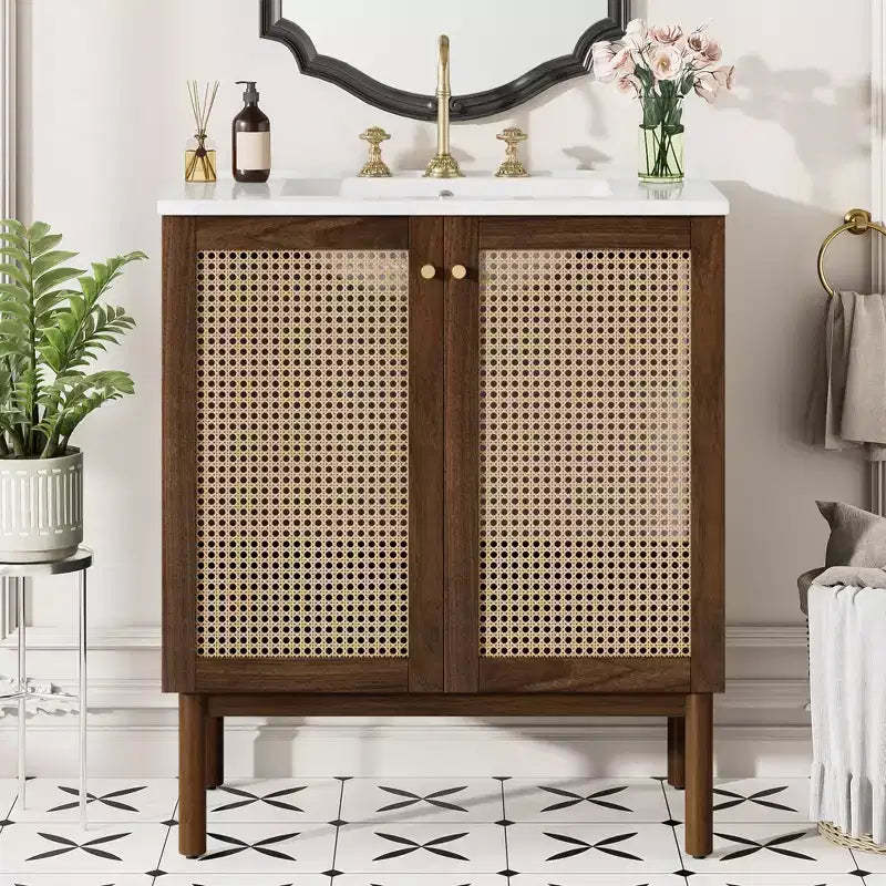 JVNOXK 30-inch Bathroom Vanity MDF cabinet body Hand-woven bamboo doors with soft-close mechanism Suitable for bedrooms Walnut