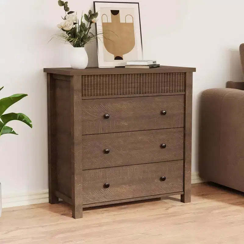 3-Drawer Dresser Nightstand, Wooden Fluted End Table for Bedroom, Brown Red