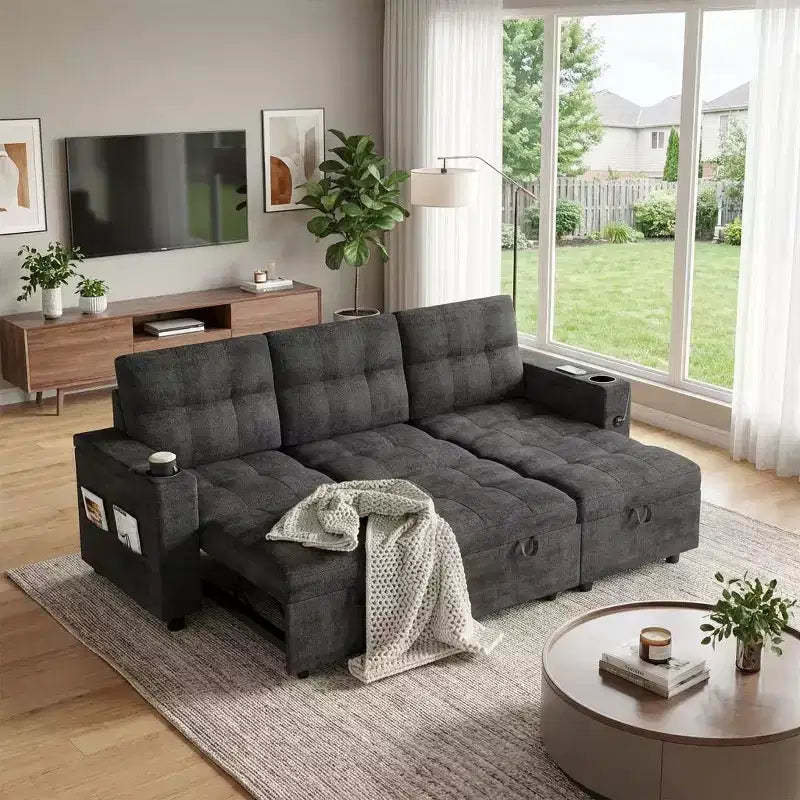 Modular Sectional Sleeper Sofa with Pull Out Bed, l Shaped Cloud Sleeper Couch with Reversible Storage Chaises for Living Room, Dark Grey
