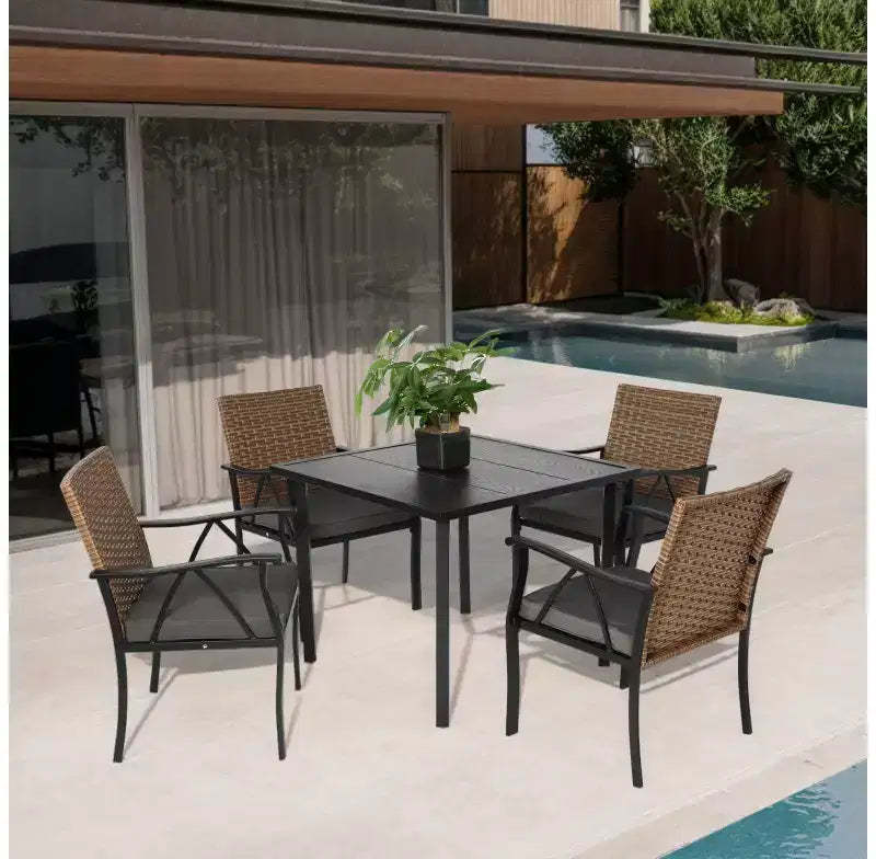 Whisen 5-Piece Wicker Outdoor Table and Chairs, Patio Dining Table and Chairs Set with Square steel Tabletop