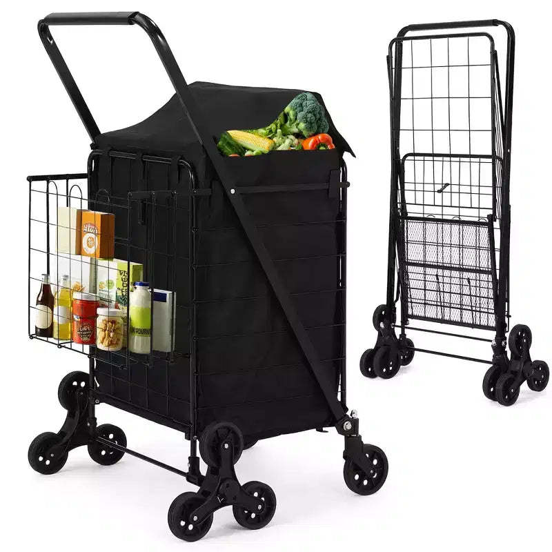 Folding Shopping Cart, 360 Swivel Grocery Trolley with Stair-Climbing Wheels, Heavy Duty Utility Cart with Waterproof Liner for Shopping, Camping