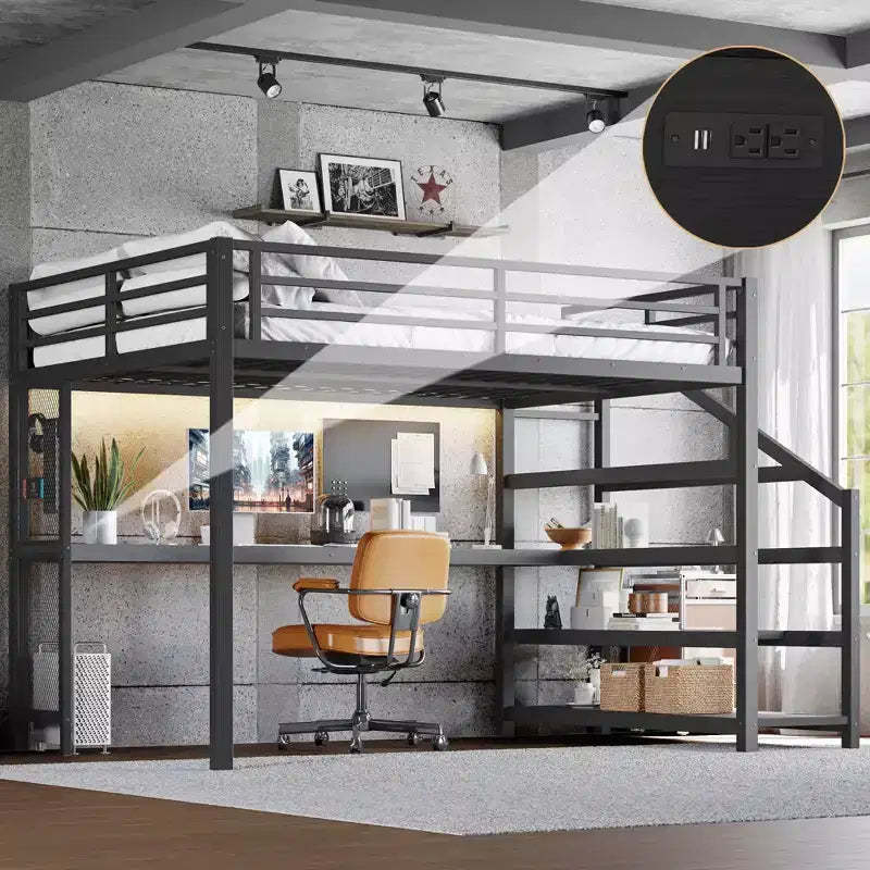 Queen Loft Bed with Desk and Storage Stairs Metal Loft Beds with LED Lights USB Ports Multifunctional Iron Nets No Spring Box Black