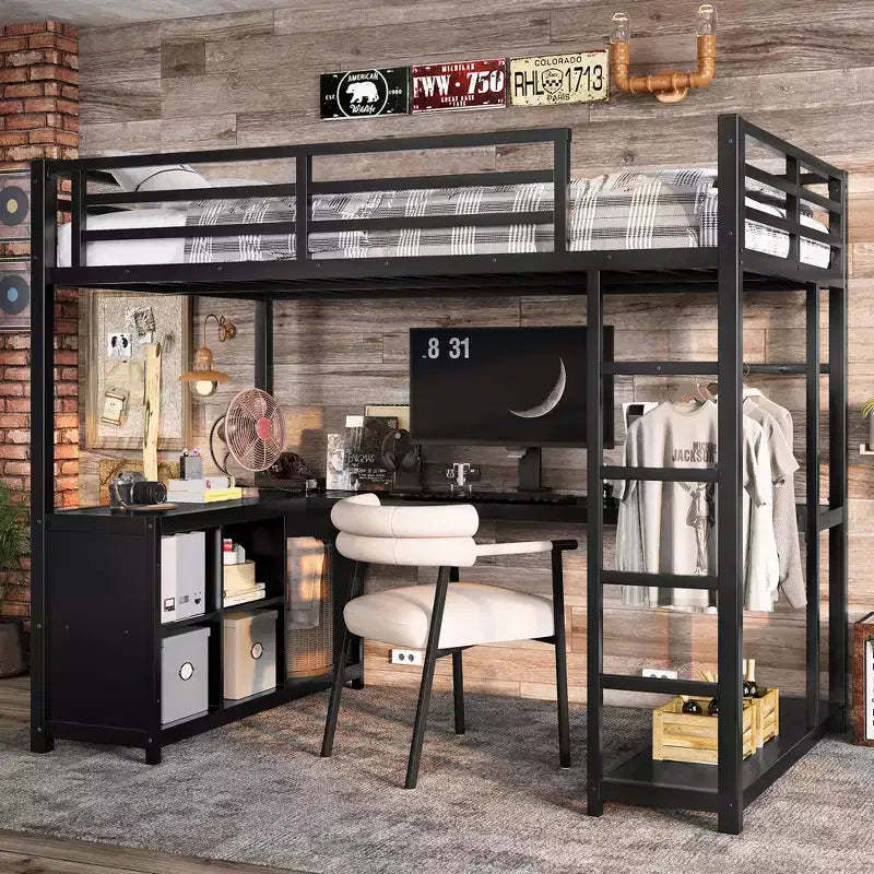 Metal Loft Bed with Wardrobe and L-shaped Desk Twin Size Loft Bed with Storage Cubes and Shelves Loft Bed for Kids Teens Adults Black