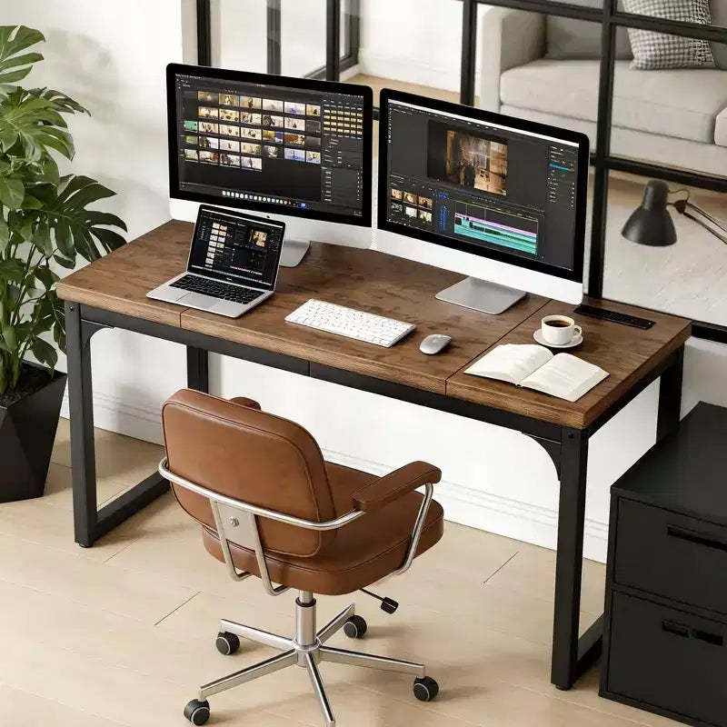 Dyonery Computer Desk with Power Outlets, 1.2 Inch Extra-Thick Home Office Desktop,Gaming Writing Work for Home Office, Rustic Brown