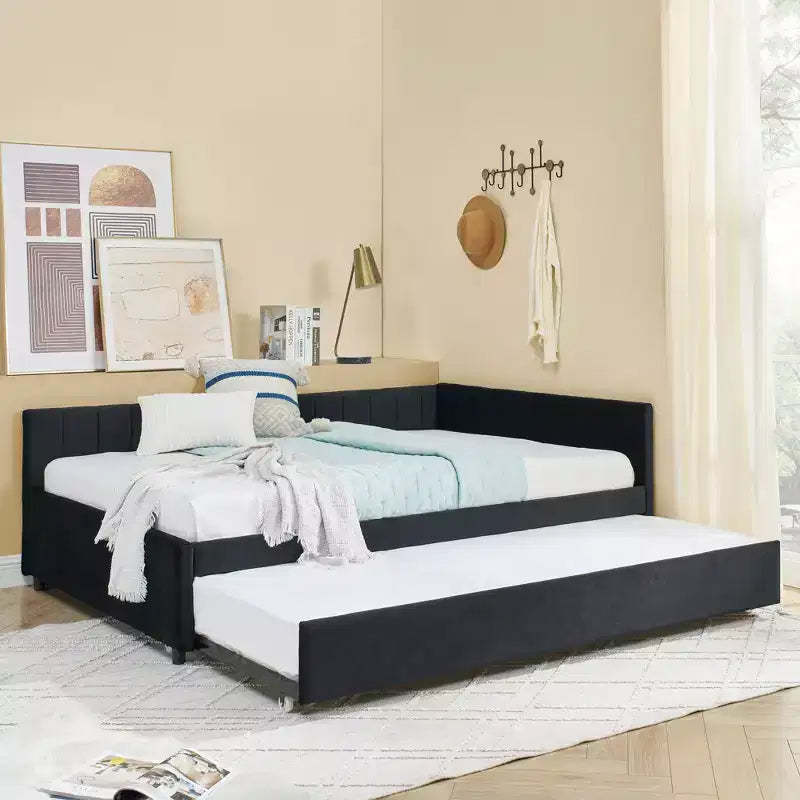 Bellemave Full Size Upholstered Daybed with Trundle, Sofa Bed Frame with Comfortable Backrest & Armrests, Black.