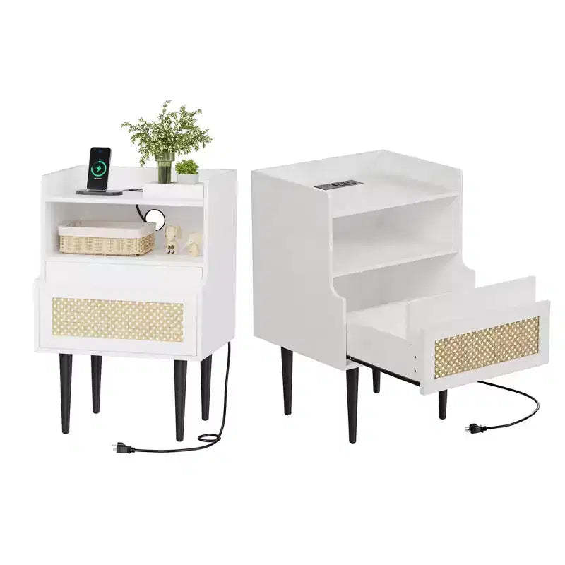 Nightstands Set of 2, TruAIR Rattan Beside Table with Drawer & Charging Station, White Wood End Table