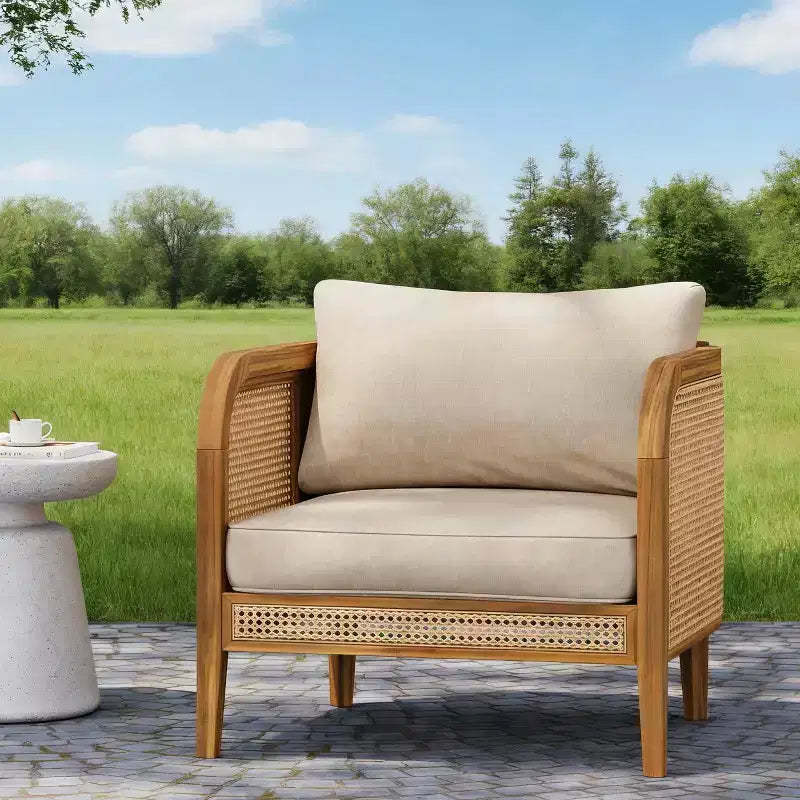 Acacia Wood Outdoor Club Chair Patio Arm Chair with Rattan Accents & Cushion, Bohemian & Mid-Century Modern Style (Set of 1/2/4) - ModernLuxe