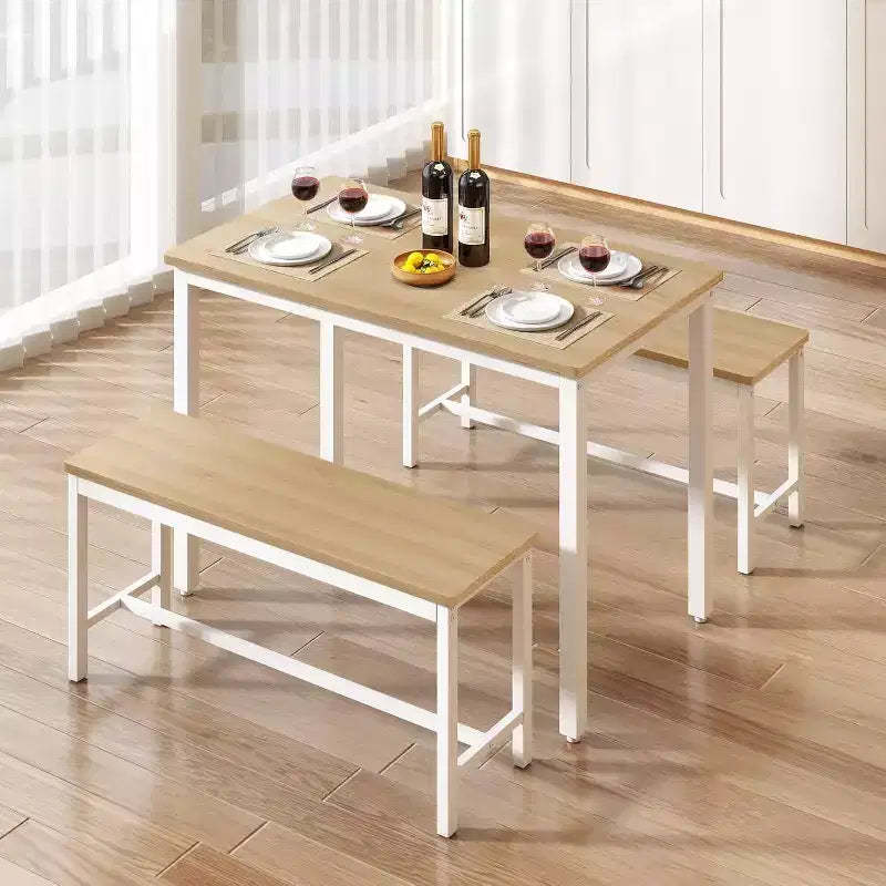 MooxvMoo 43 Dining Table Set, Bar Table with 2 Dining Benches, Industrial Table Counter for Kitchen Breakfast Table, Living Room, Party Room, White