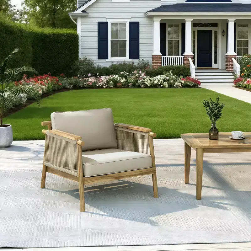 ModernLuxe Acacia Wood Outdoor Club Chair Patio Armchair with Rope-Woven Armrests & Backrest, Water-Resistant Cushions, Teak