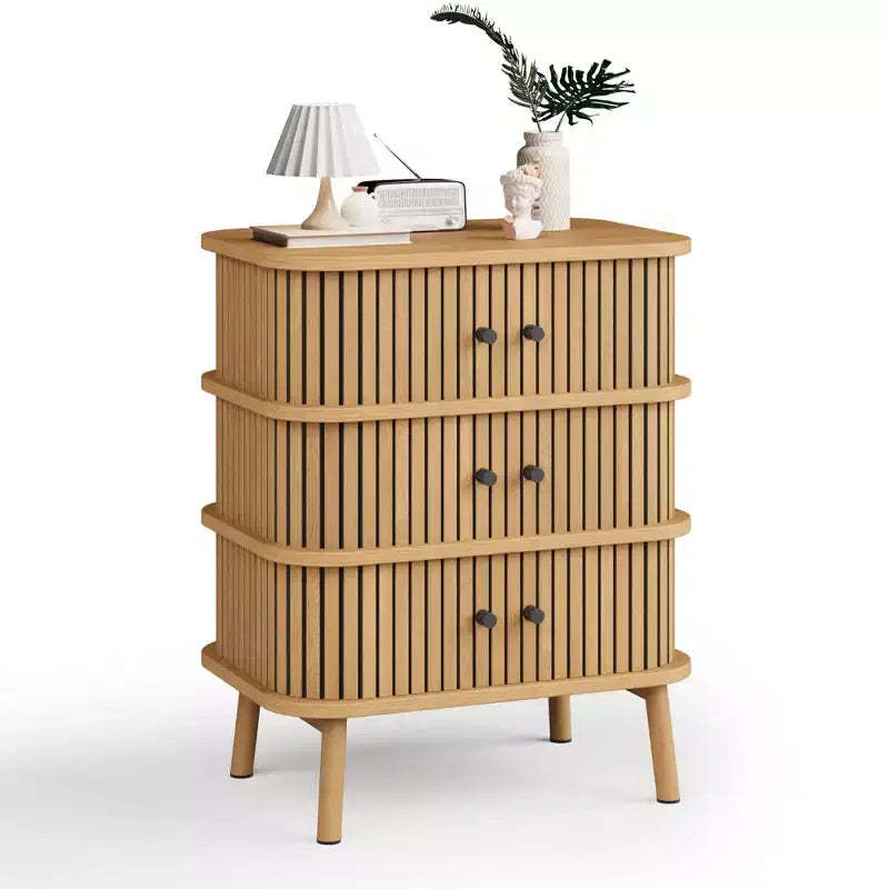 Storage Cabinet, Mid-Century Modern 3-Drawer Dresser with Sliding Door, Natural Wicker & Wooden Legs for Bedroom Living Room