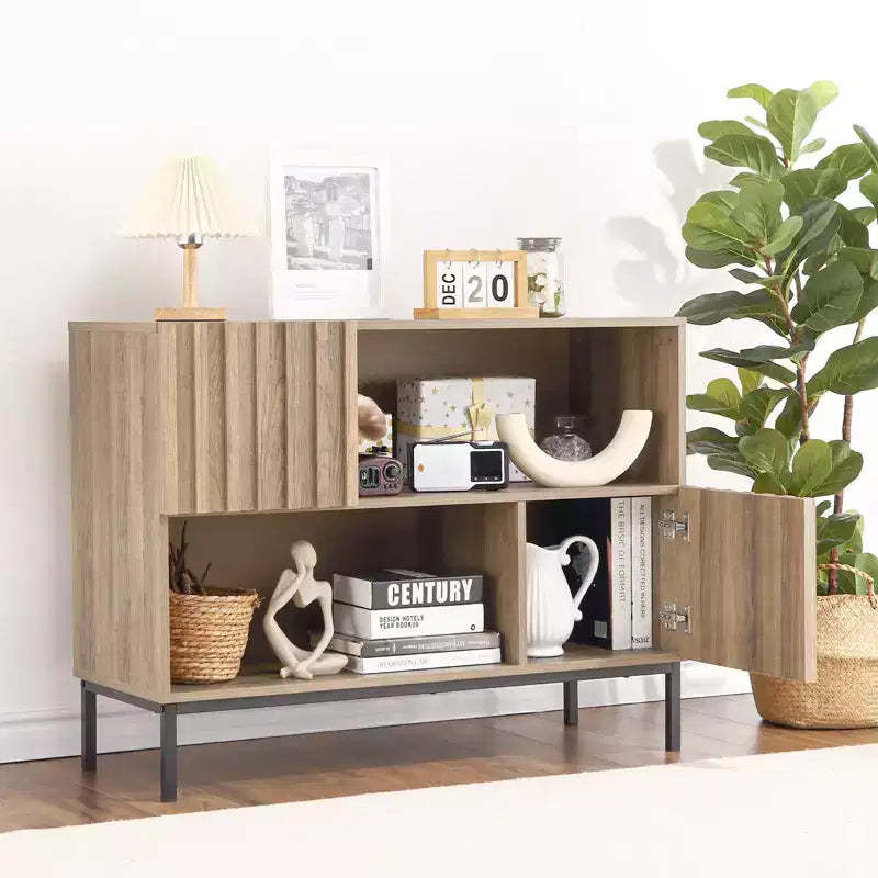 Entryway Table, Farmhouse Wooden Console Table with Storage Shelves & Metal Legs, Rustic Sideboard Buffet for Living Room Dining Room