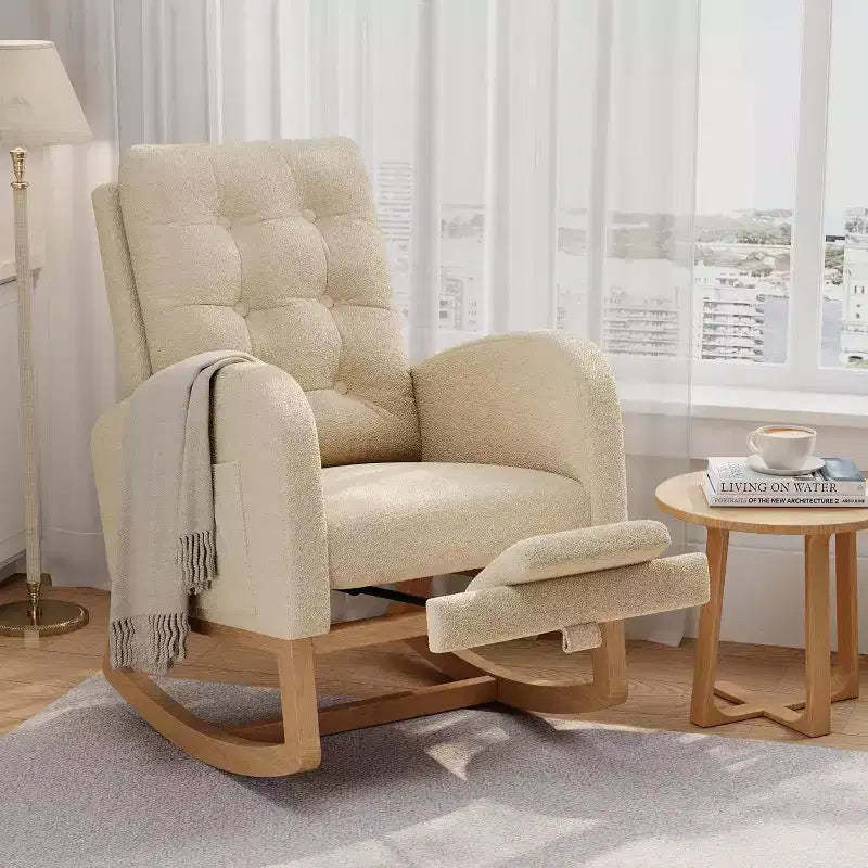Teddy Fleece Nursery Rocking Chair - Modern Glider High Backrest Sturdy Wooden Legs Comfortable Accent Rocker for Living Room Bedroom Nursery