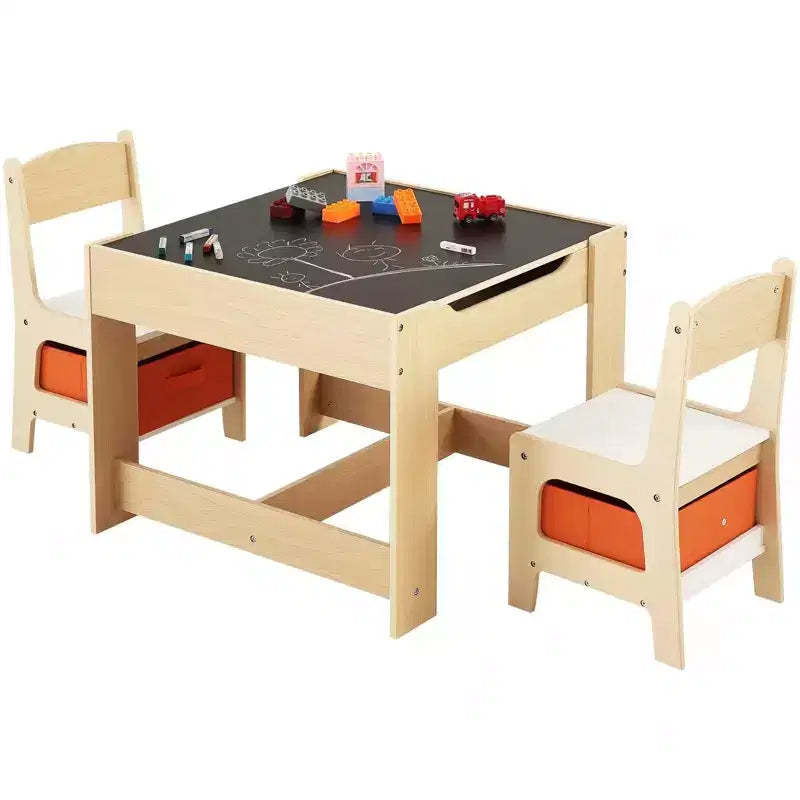 Kids Table and Chair Set with Storage Boxes Reversible Whiteboard Blackboard Top - Ages 2-8