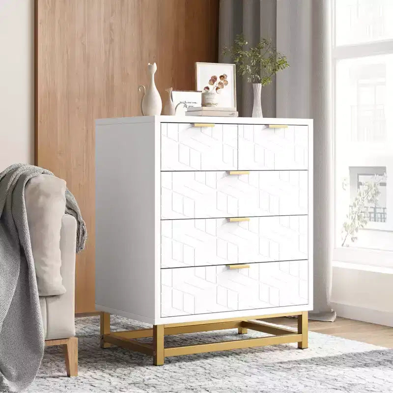 Chest of Drawers, White Elegant Scandinavian 5-Drawer Unit, Multi-Purpose Storage for Bedroom Living Room
