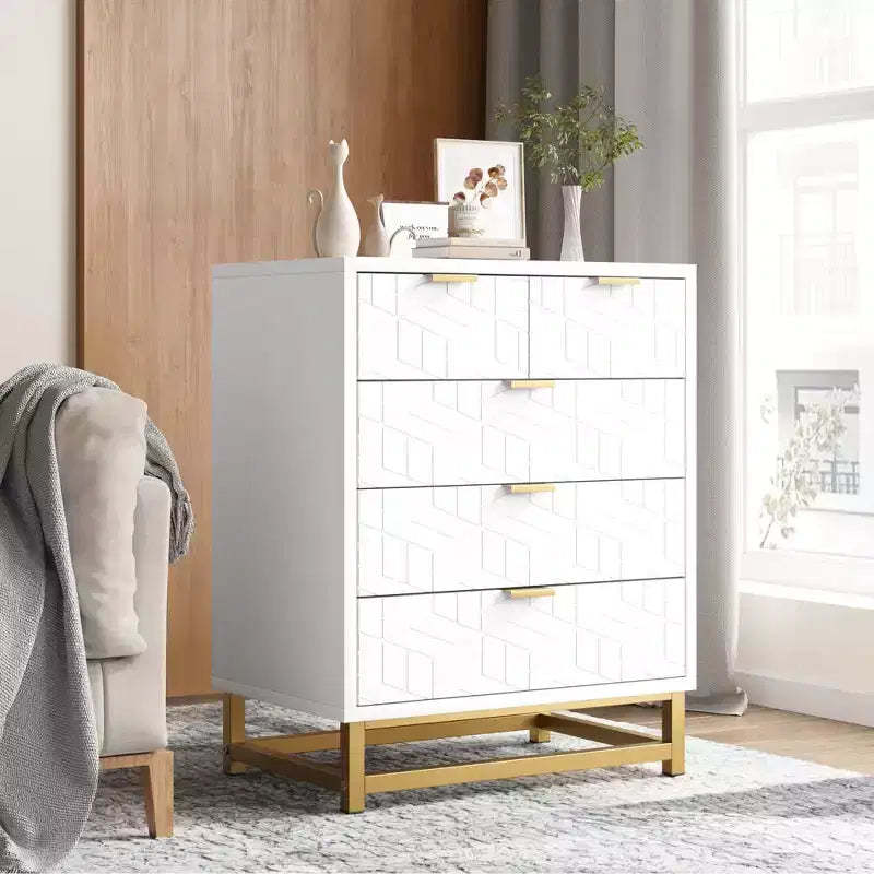 Chest of Drawers, White Elegant Scandinavian 5-Drawer Unit, Multi-Purpose Storage for Bedroom Living Room