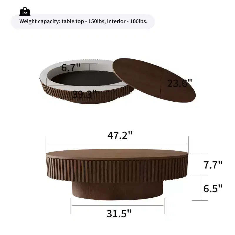 JVNOXK 47'' Oval Coffee Table with Storage Solid Wood Veneered Modern Coffee Table Accent Tea Table for Living Room, Apartment or Office, Walnut