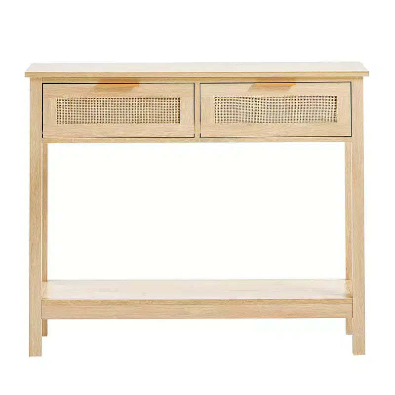 Rattan Console Table with 2 Drawers and Sliding Rattan Door Entryway Sofa Table for Living Room