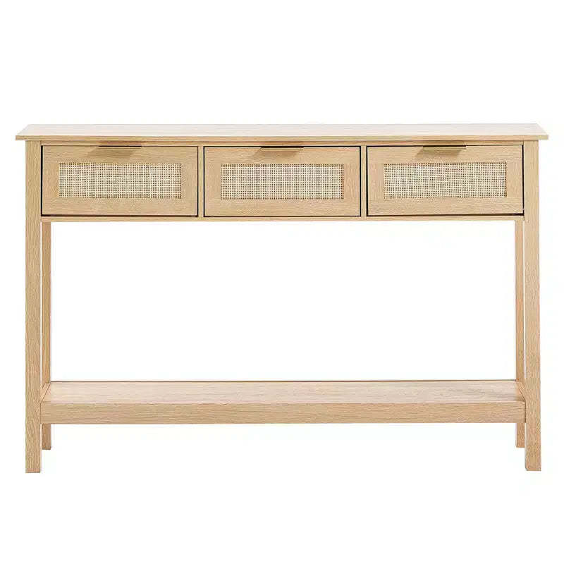 Rattan Console Table with 3 Drawers and Bottom Shelf Narrow Entryway Sofa Table 51.38 in Beige