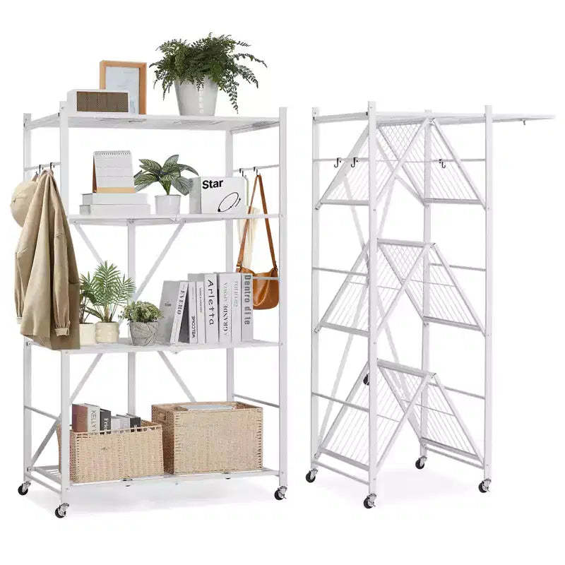VEVOR 4-Tier Foldable Storage Shelf, 36W x 21D x 60 H Inch Folding Metal Rack Shelving Unit, No Assembly Organizer Shelf with 5 Wheels&4 Hooks,White
