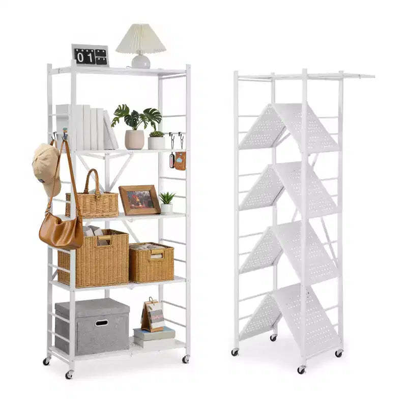 VEVOR 5-Tier Foldable Storage Shelf, 32W x 14D x 72H Inch Folding Metal Rack Shelving Unit, No Assembly Organizer Shelf with 5 Wheels & 4 Hooks,White