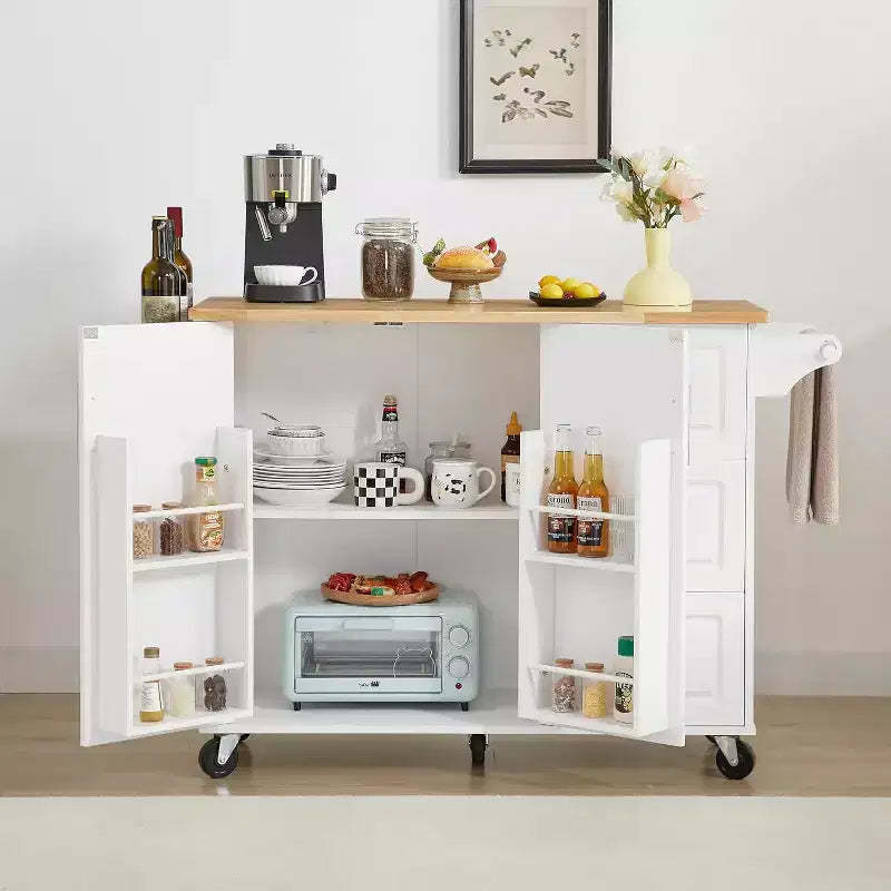 MooxvMoo Rolling Kitchen Island with Drop Leaf Countertop, Storage Cabinet & Tower Rack - Mobile Barn Door Cart on Wheels, White