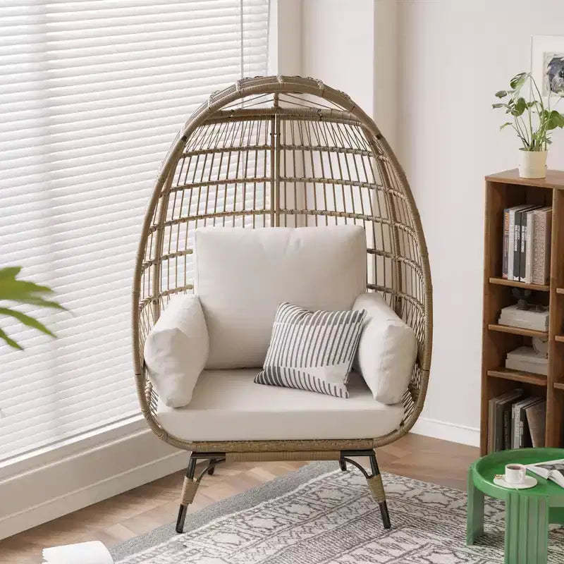 GustoWave Oversized Wicker Egg Chair with Cushions, Rattan Lounge Chair with Steel Frame for Patio, Porch, or Indoor Use