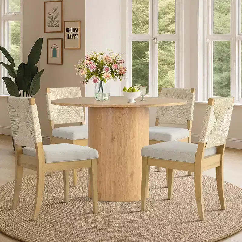 5-Piece Round Dining Table Set, 41.5 Pedestal Table and Beige Upholstered Chairs with Solid Wood Legs for Kitchen or Breakfast Nook-Panipeachy