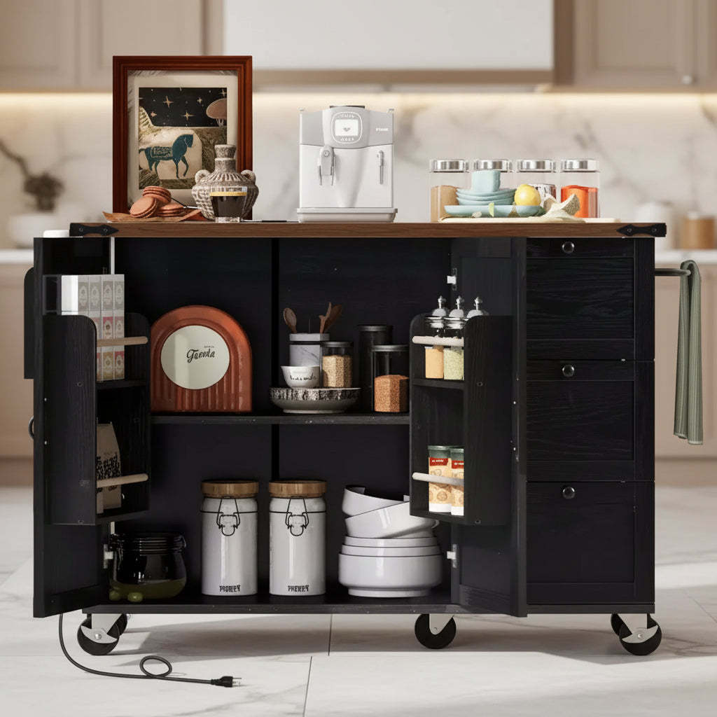 54.5 Farmhouse Kitchen Island with Power Outlet, Rolling Kitchen Cart on Wheels with Internal Storage Rack, Drop Leaf, Spice Rack