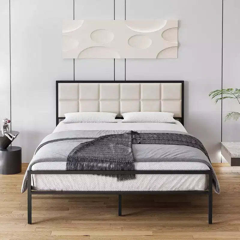 King Upholstered Metal Bed Frame with Square-Stitched Headboard, Faux Leather Platform Bed with Steel Slats Support, Box Spring Optional, Beige
