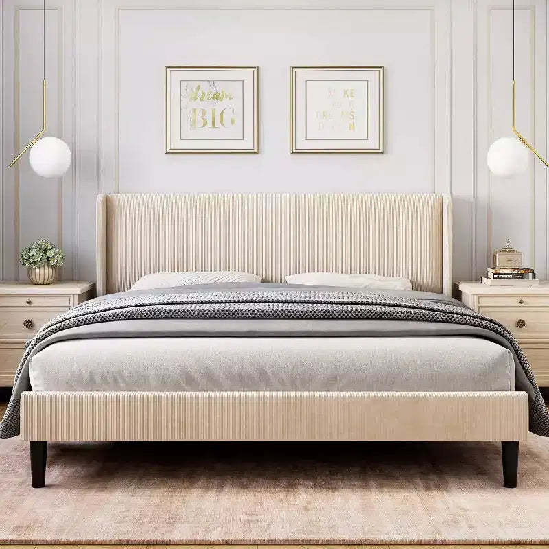 Bed Frame with Headboard and Wingback, Beige Velvet with Vertical Stripes, 2 Storage Pockets, and Sturdy Wood Slat Support