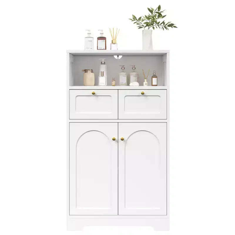 KOLIGEY Modern Bathroom Floor Cabinet with Open Shelf 2 Doors 2 Drawers Storage Cabinet Cupboard for Living Room Kitchen Home Office White