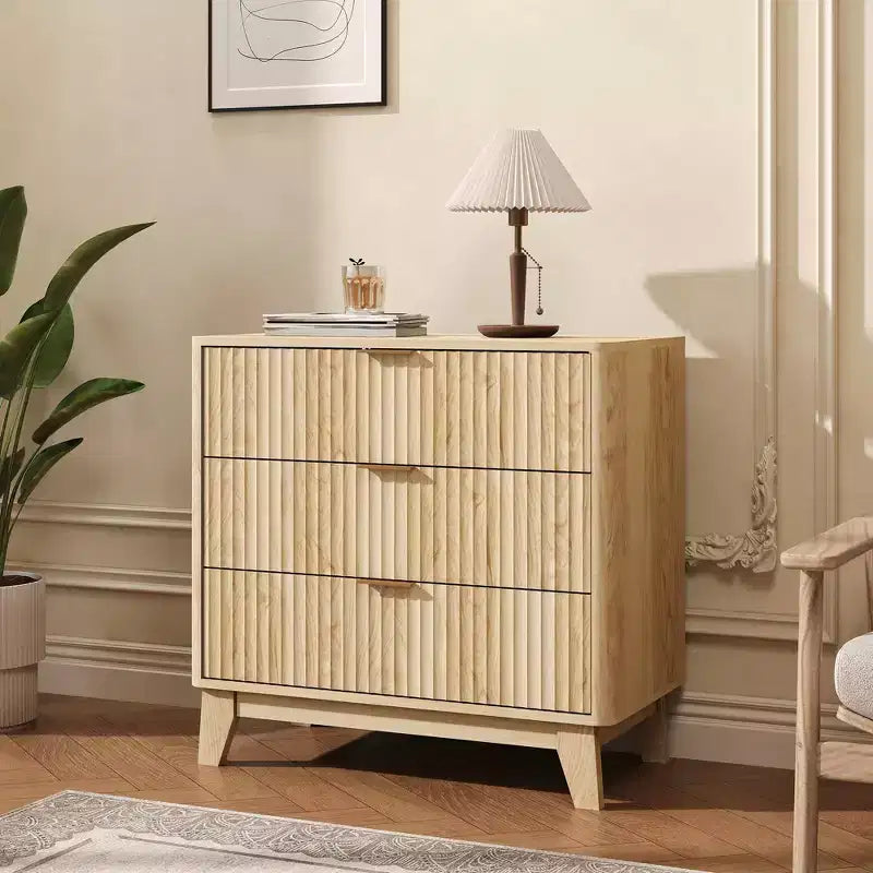 3 Drawer Dresser for Bedroom, 31.5W Wooden Chest of Drawers with Gold Handles, Small Fluted Nightstand & Bedside End Table for Bedroom, Living Room
