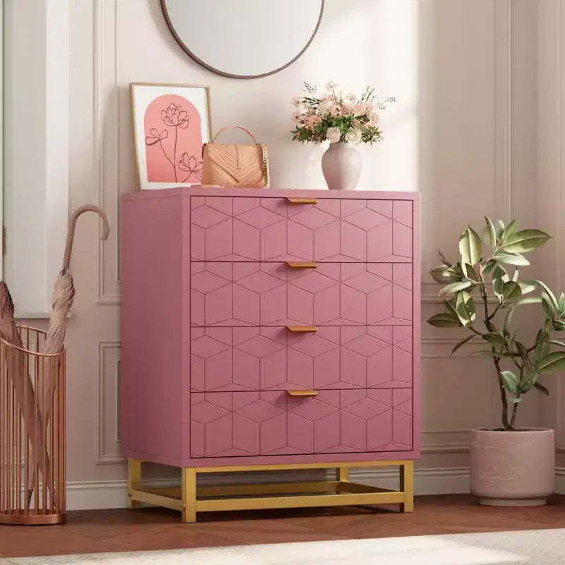 Dresser, 4 Drawer Pink Wooden Chest of Drawers with Gold Handles, Modern Storage