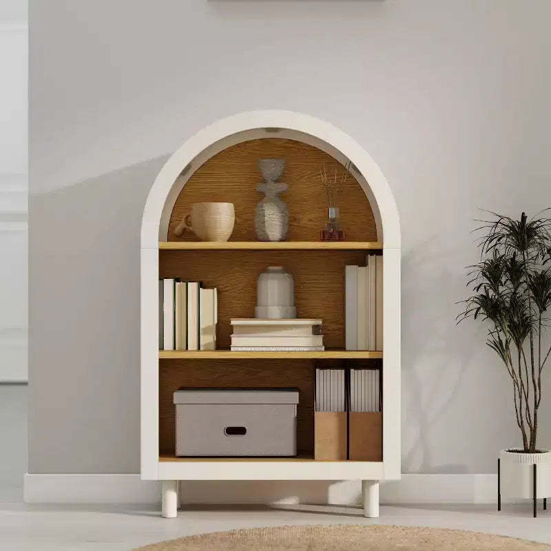 MAYEERTY Arched Storage Cabinet Wooden Bookshelf with 3 Shelves Woodgrain Shelves for Living Room Bedroom White