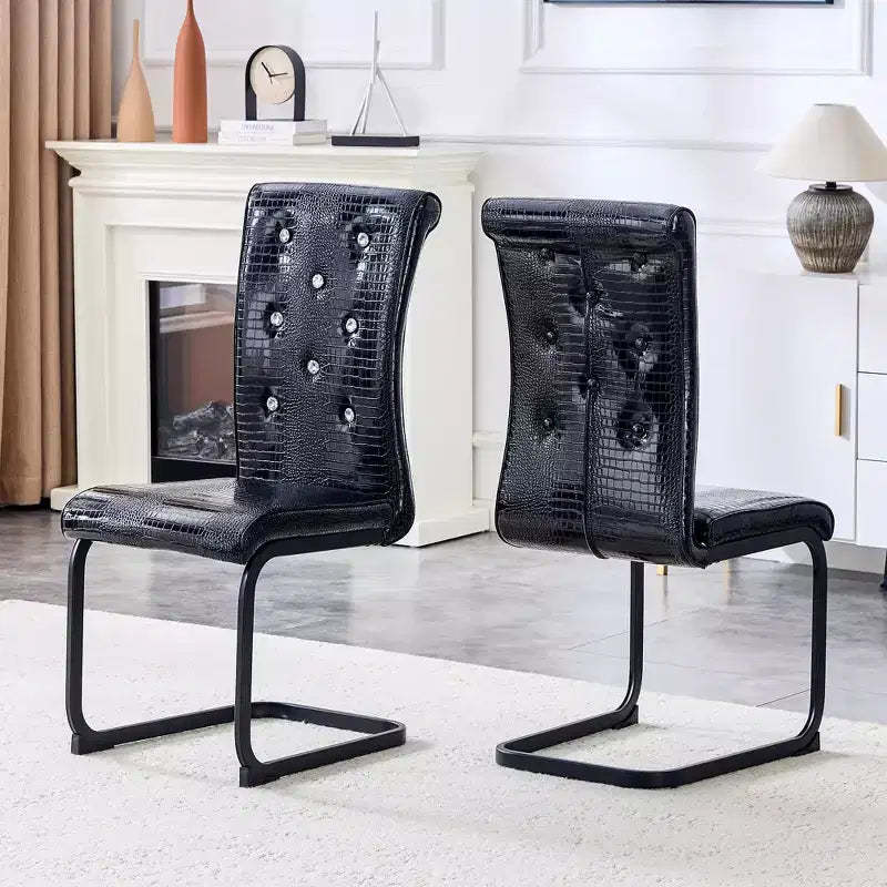 Set of 2 Retro Alligator Skin Upholstered Dining Chairs with Black Metal Legs