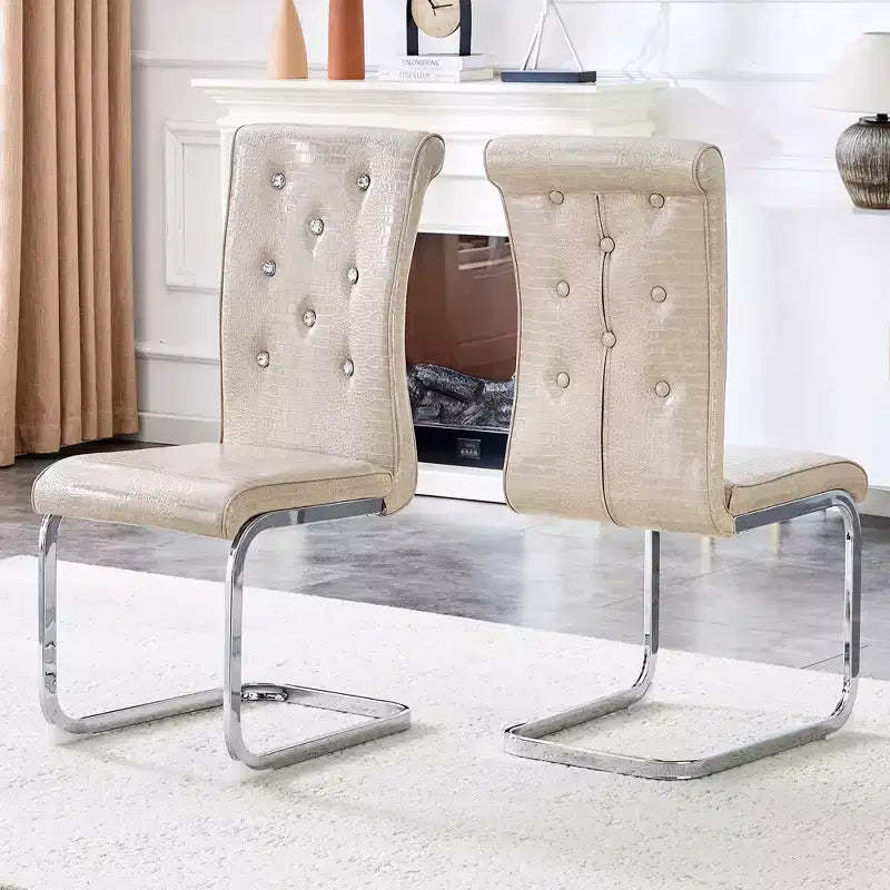 Set of 2 Retro Alligator Skin Upholstered Dining Chairs with Crystal Buckle Details