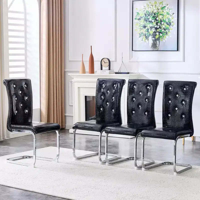 Set of 4 Retro Upholstered Dining Chairs with Alligator Skin Pattern and Crystal Buckle Details, Electroplated Metal Legs