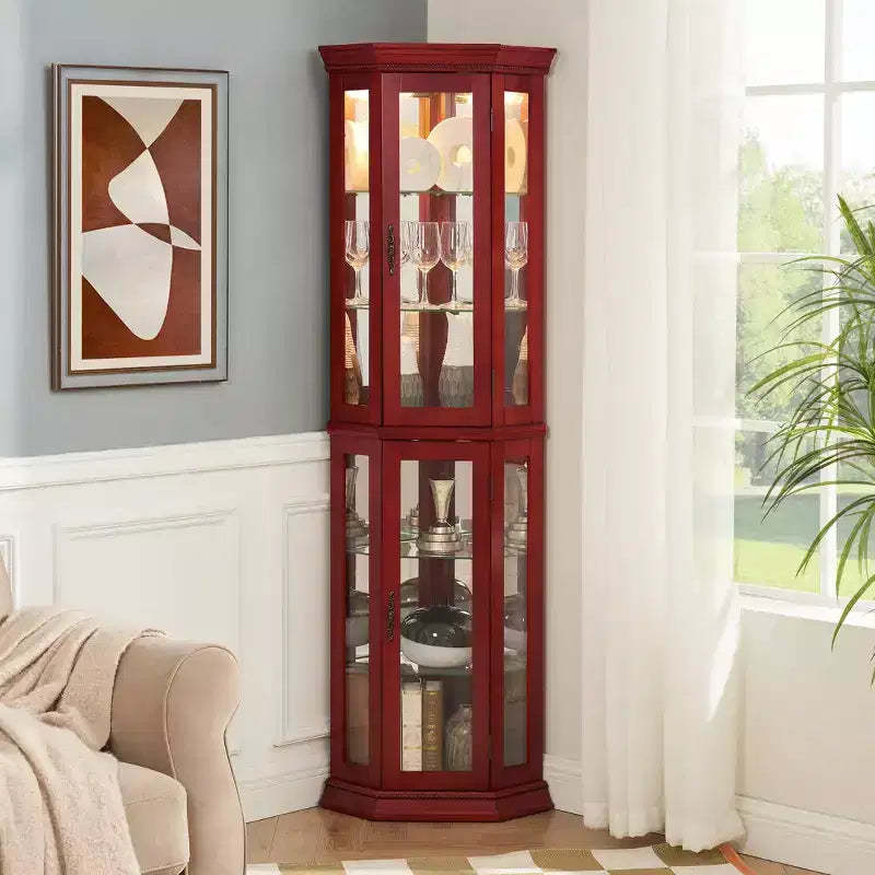 Corner Curio Cabinet with Light, Adjustable Glass Shelves, and Beaded Decoration for Displaying Collectibles