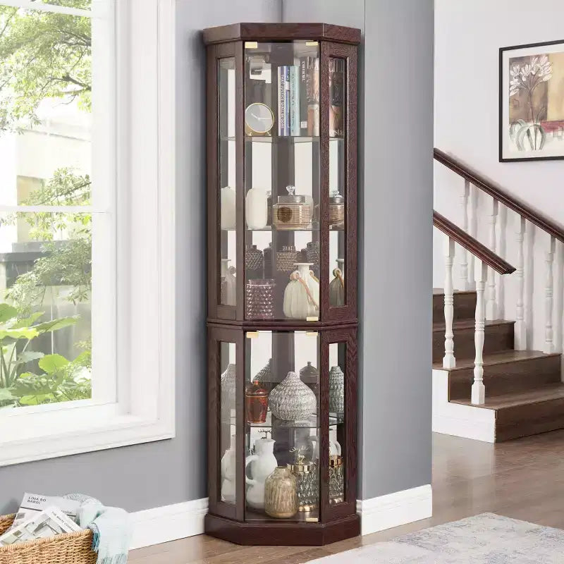 Okak Corner Curio Cabinet with 2 Glass Doors and Adjustable Tempered Glass Shelves, Corner Cabinet for Living Room, Kitchen