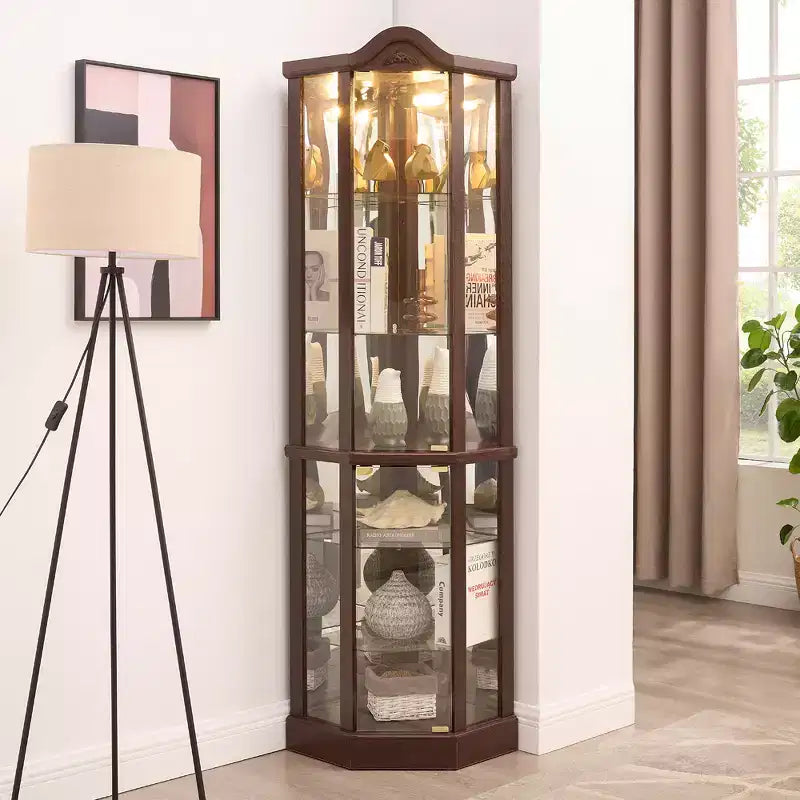 Corner Glass Display Cabinet with Light, Carved Decoration, and Adjustable Shelves for Bar or Wine