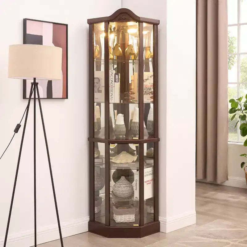 Corner Glass Display Cabinet with Light, Carved Decoration, and Adjustable Shelves for Bar or Wine