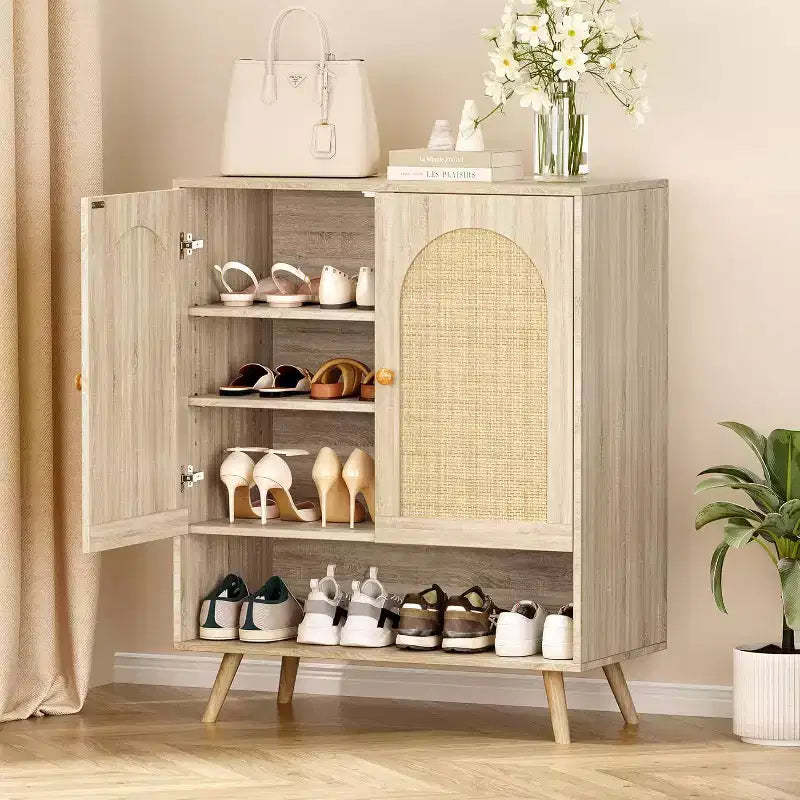 4-Tier Rattan Shoe Cabinet with Adjustable Shelf for Entryway, Freestanding Shoe Rack for Living Room, Dining Room