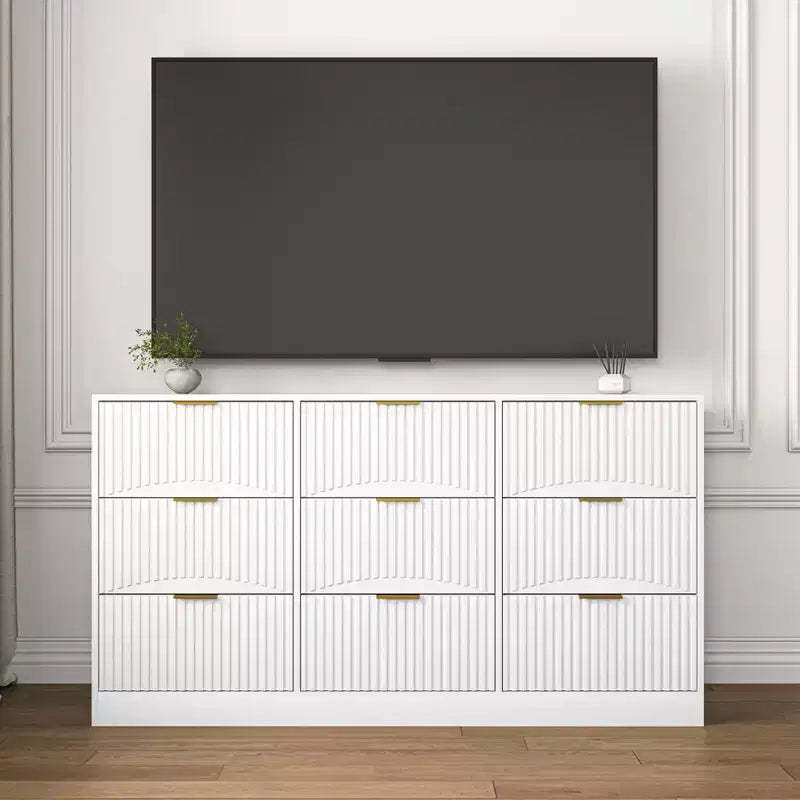 JVNOXK 63-inch Large Wooden Nine-Drawer Chest with nine deep drawers, suitable for bedrooms. Drawer fronts feature a wavy pattern. White