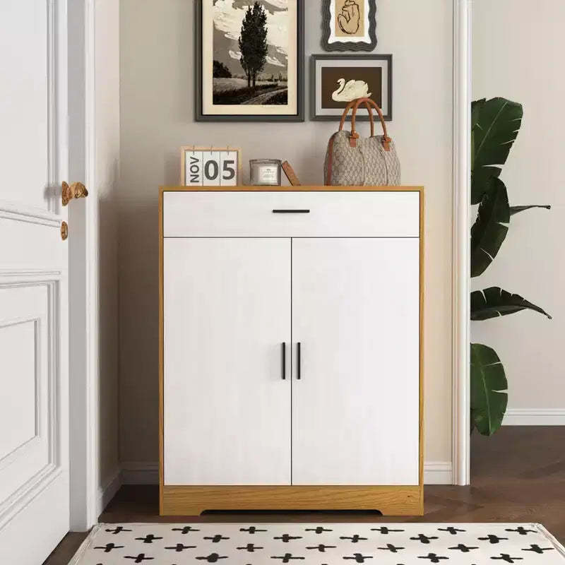 JVNOXK Four-tier shoe rack, freestanding wooden shoe cabinet, featuring two white cabinet doors and adjustable shelves, ideal for entryways