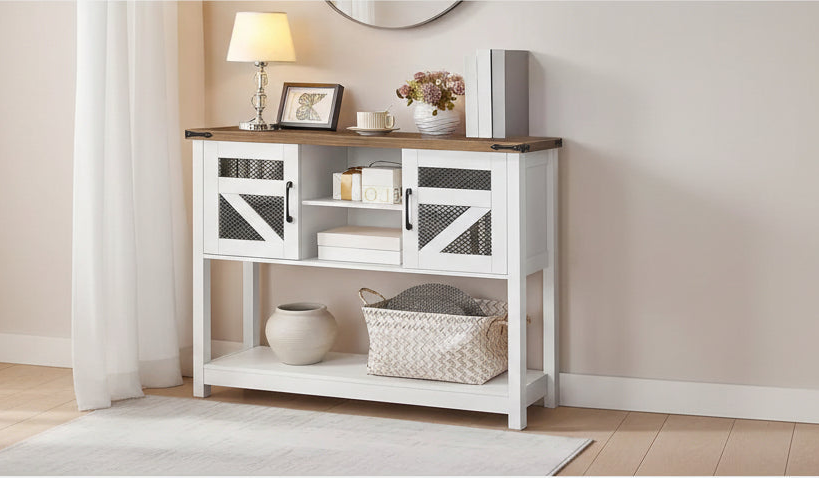ACOINEL 43.3 Farmhouse Entryway Table with Storage, Rustic Console Table for Sofa/Hallway, White & Walnut Narrow Hall Table