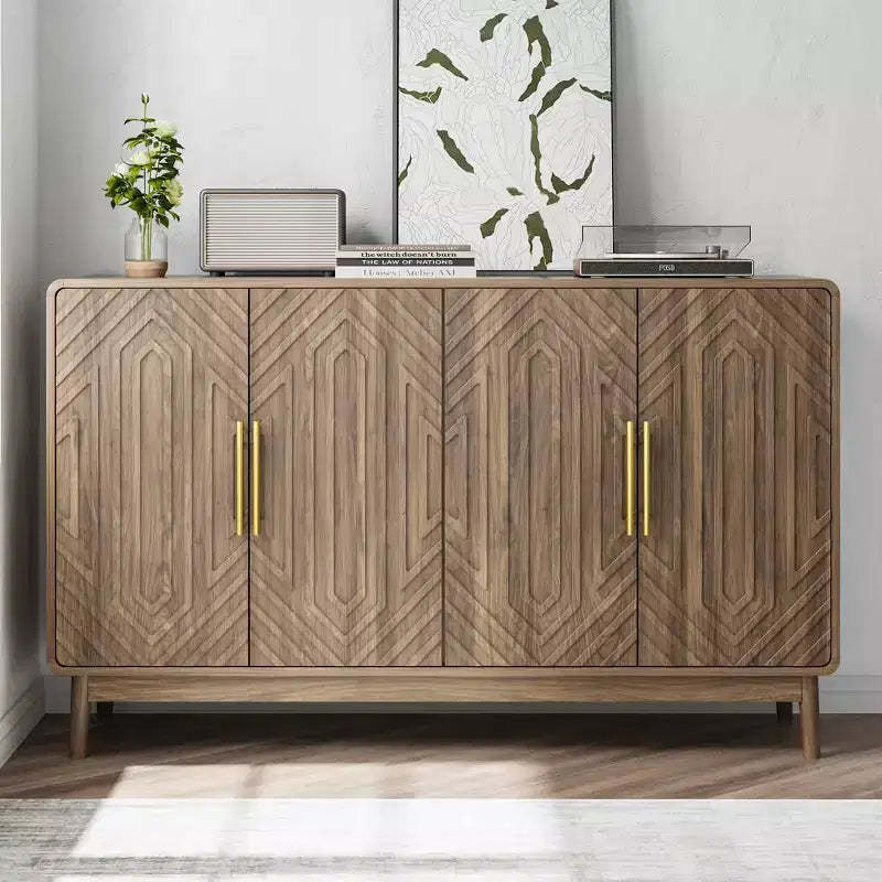 MAYEERTY Sideboard Buffet Cabinet with Carved 4 Door Adjustable Layer Board for Living Room Kitchen Dining Room Walnut