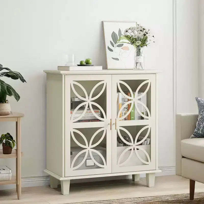 MAYEERTY Sideboard Buffet Stoarge Cabinet with Tempered Glass Doors Modern Retro Kitchen Console Table for Living Room Kitchen Cream Color